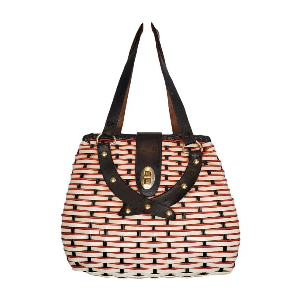 Vintage 60s Wicker Red White Blue Basket Purse Handbag Leather Handles Twistlock